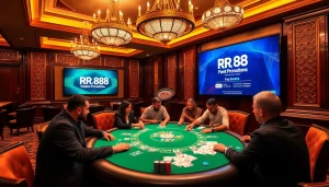 RR88 players enjoying an exciting game of poker in a luxurious casino.