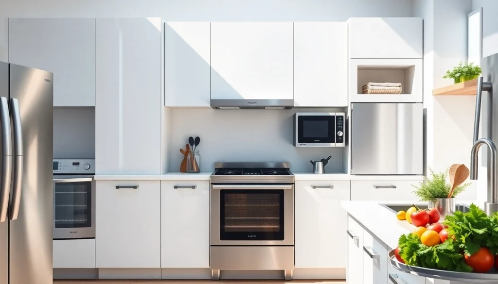 Showcasing home appliances with sleek designs in a bright kitchen environment for functionality.