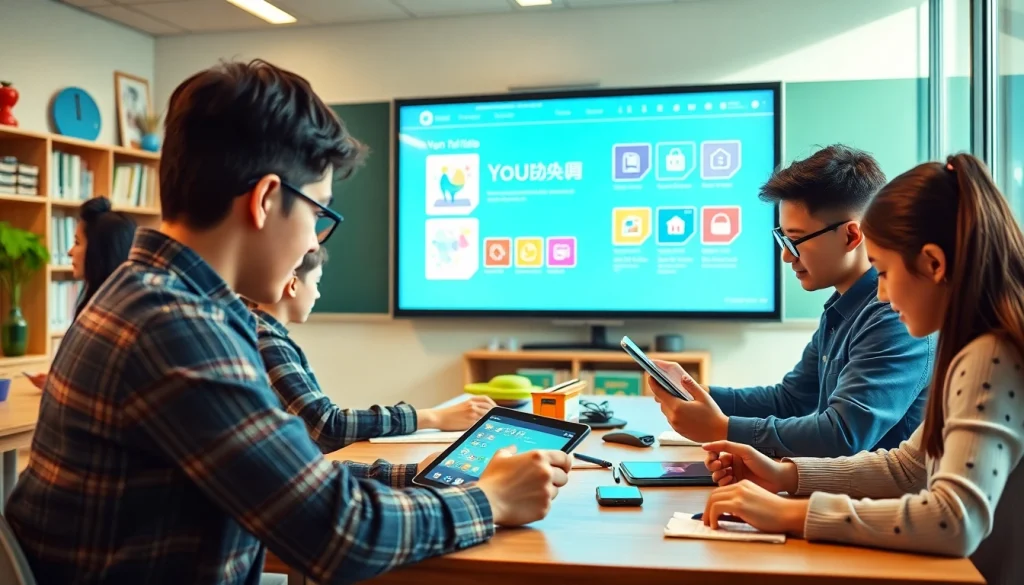 Youdao app displayed in a modern classroom with students engaging in collaborative learning.