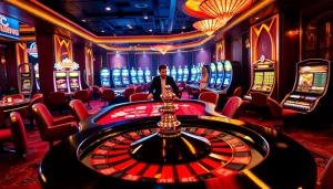 Découvrez l'excitation du meilleur casino en ligne 2026 avec une table de poker luxueuse et une roue de roulette en mouvement.