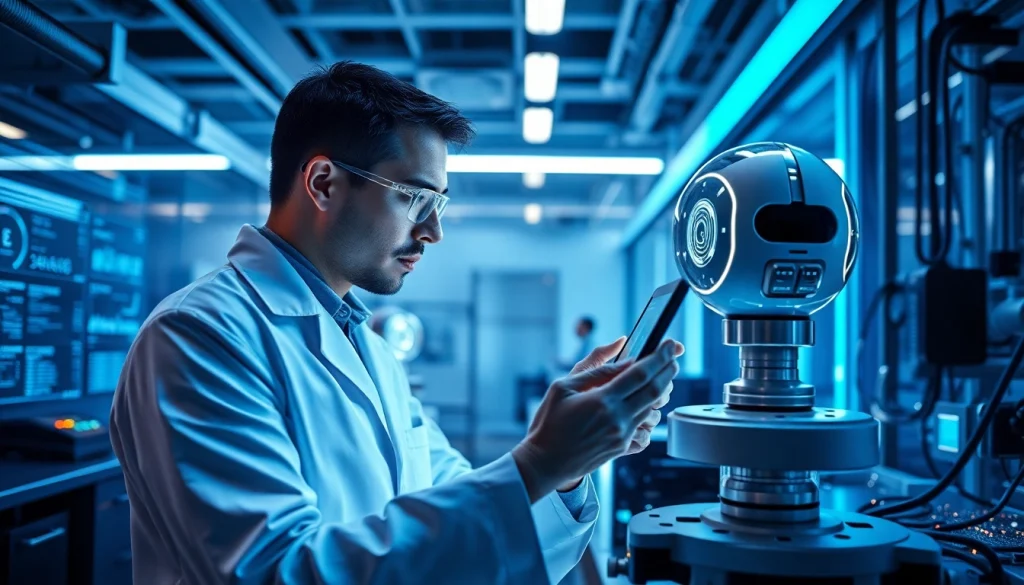 Image to prompt generator showcasing a high-tech lab with a scientist and robot assistant.