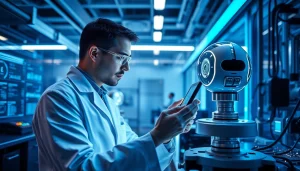 Image to prompt generator showcasing a high-tech lab with a scientist and robot assistant.