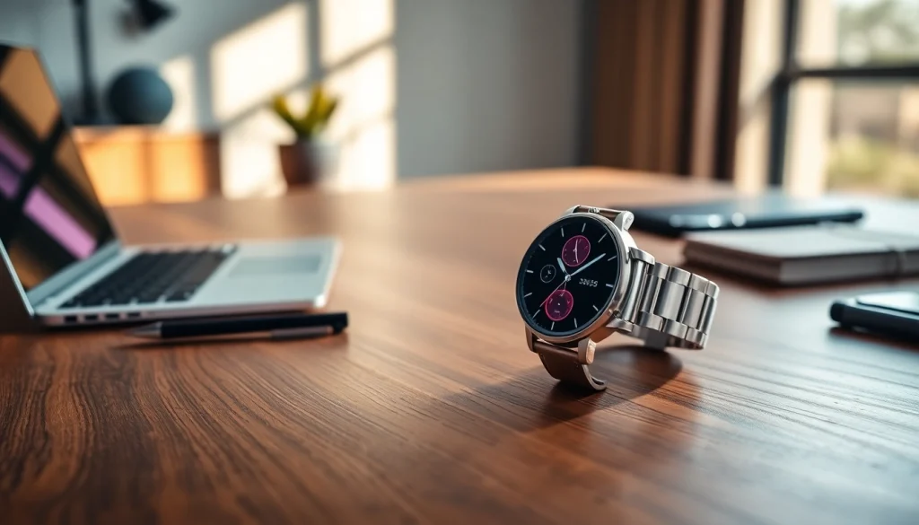 Showcasing the Finesse Smart Watch with modern office accessories.