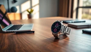 Showcasing the Finesse Smart Watch with modern office accessories.