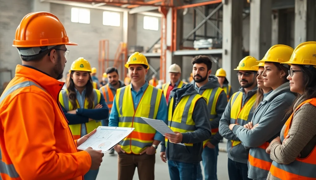 Engaging construction site safety training session with active participation and safety gear.