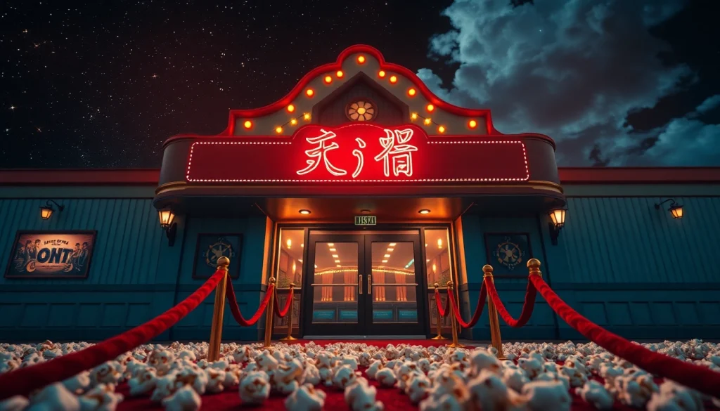 ดูหนัง ในโรงภาพยนตร์คลาสสิคที่มีไฟนีออนส่องสว่างสดใส