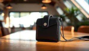 Handytasche Magnetverschluss zeigt elegantes Design und hochwertige Materialien auf einem Holztisch.
