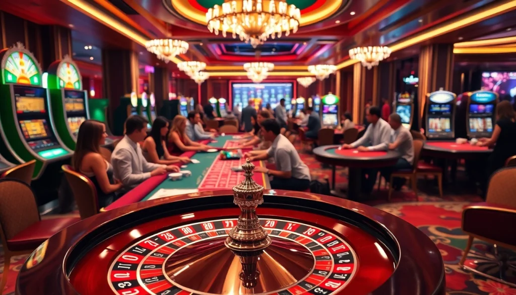 Découvrez l'excitation du meilleur casino en ligne 2026 avec des joueurs profitant de la roulette et des machines à sous dans un cadre luxueux.