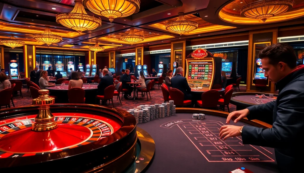 Scène engageante d'un casino luxueux illustrant les caractéristiques du meilleur casino en ligne 2026 avec des joueurs profitant de la roulette et du poker.