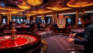 Scène engageante d'un casino luxueux illustrant les caractéristiques du meilleur casino en ligne 2026 avec des joueurs profitant de la roulette et du poker.