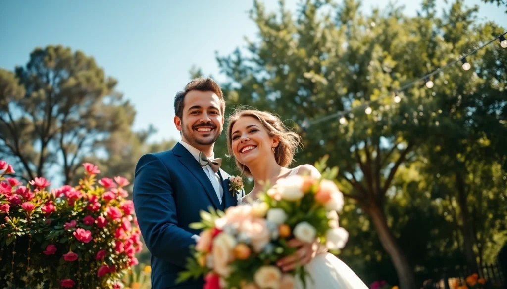 Couple celebrating joyfully in a lush garden, highlighting Carmel wedding photography elegance.