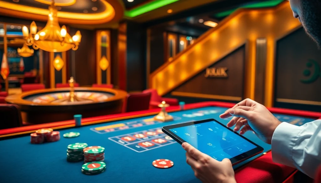 Players engaging with the Jogoluck online casino interface surrounded by vibrant casino elements.