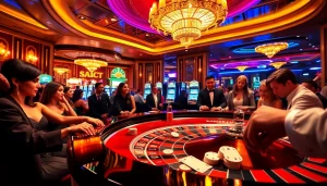 Vivez l'excitation du "meilleur casino en ligne 2026" à une table de roulette luxueuse avec des joueurs enthousiastes.