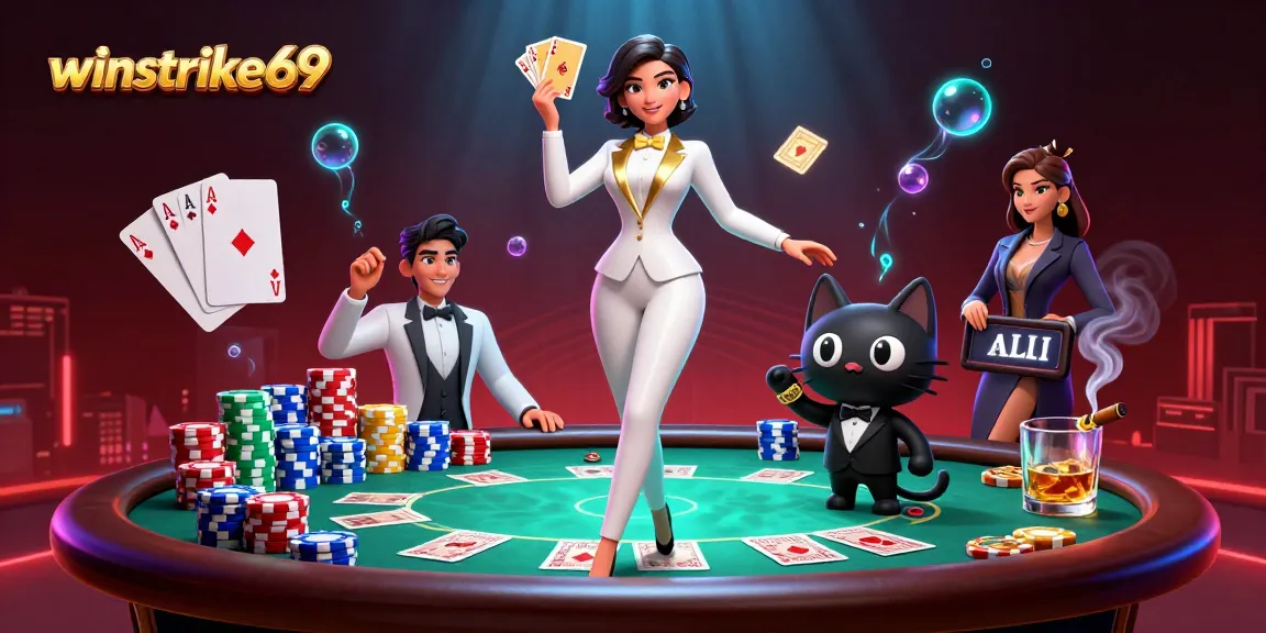 Winstrike69 showcases a glamorous woman shuffling cards at an exciting casino scene with poker elements.