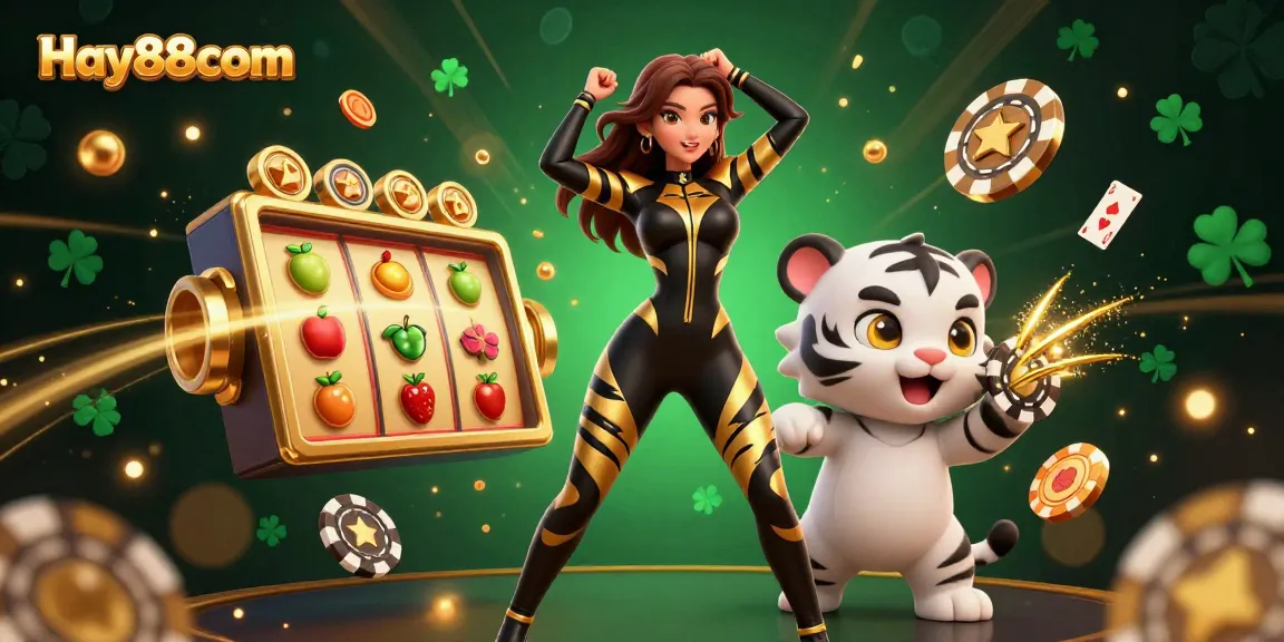 Engage with Hay88com's thrilling jackpots through vibrant 3D casino elements, featuring a stunning acrobat and playful tiger.
