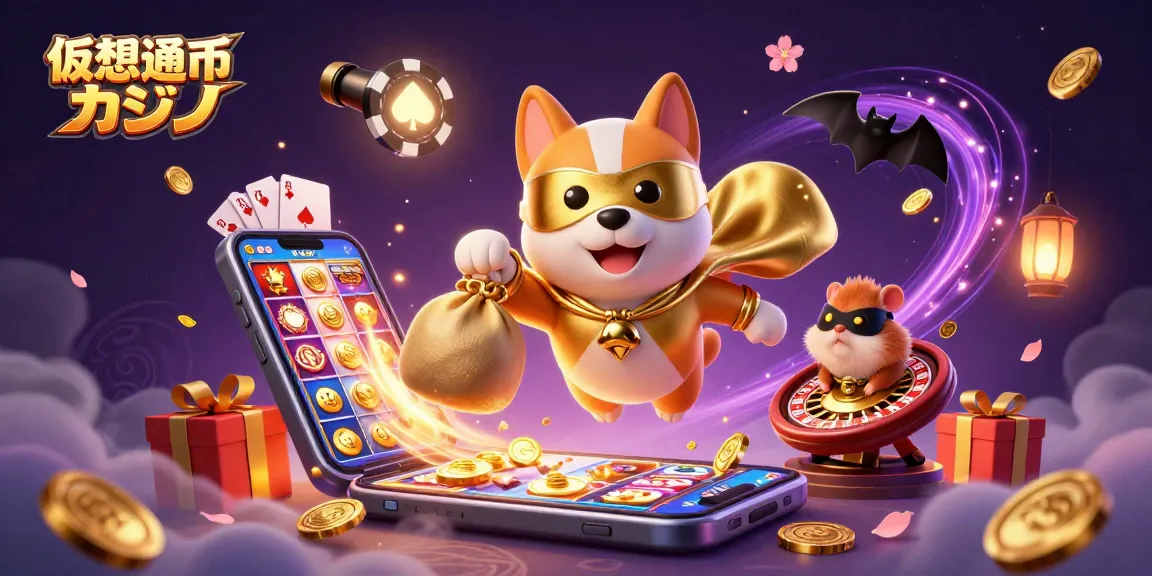 仮想通貨 カジノで金貨を運ぶヒーロー犬とハムスターの冒険を描いたイラスト