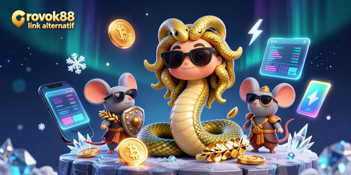 Engage in gaming with rokok88 link alternatif surrounded by vibrant characters and floating crypto elements.