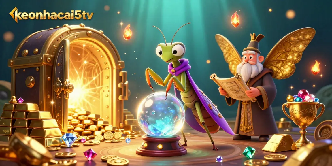Experience the magic of keonhacai5tv with mystical characters and golden treasures in vibrant casino art.