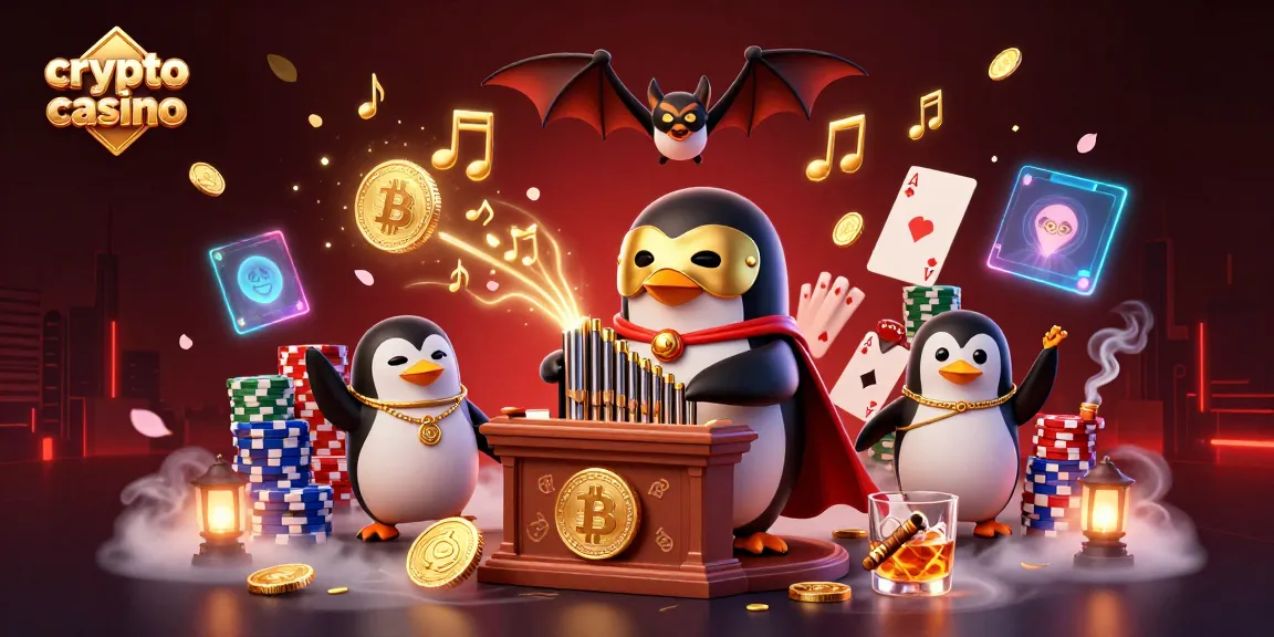 Rivivi l'azione in un crypto casino con un pinguino opera e monete d'oro volanti.