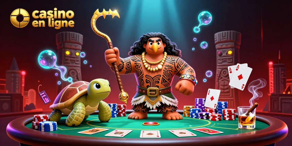 Découvrez une illustration dynamique du casino en ligne avec un demi-dieu et des éléments de poker passionnants.