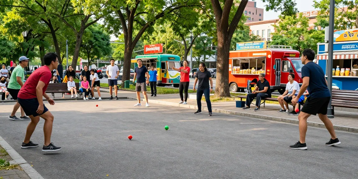 FOPIKotaManado.org saat pertandingan petanque outdoor di taman kota yang ramai.