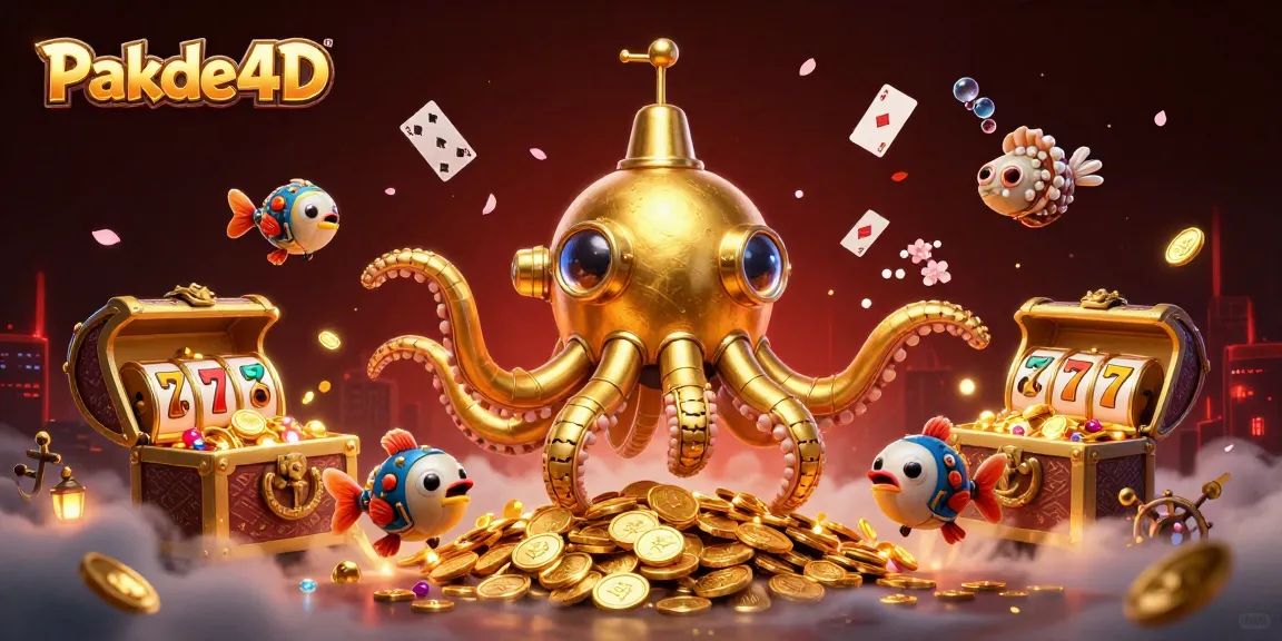 Pakde4D showcases a thrilling casino experience with a golden kraken submarine and winning slot elements.