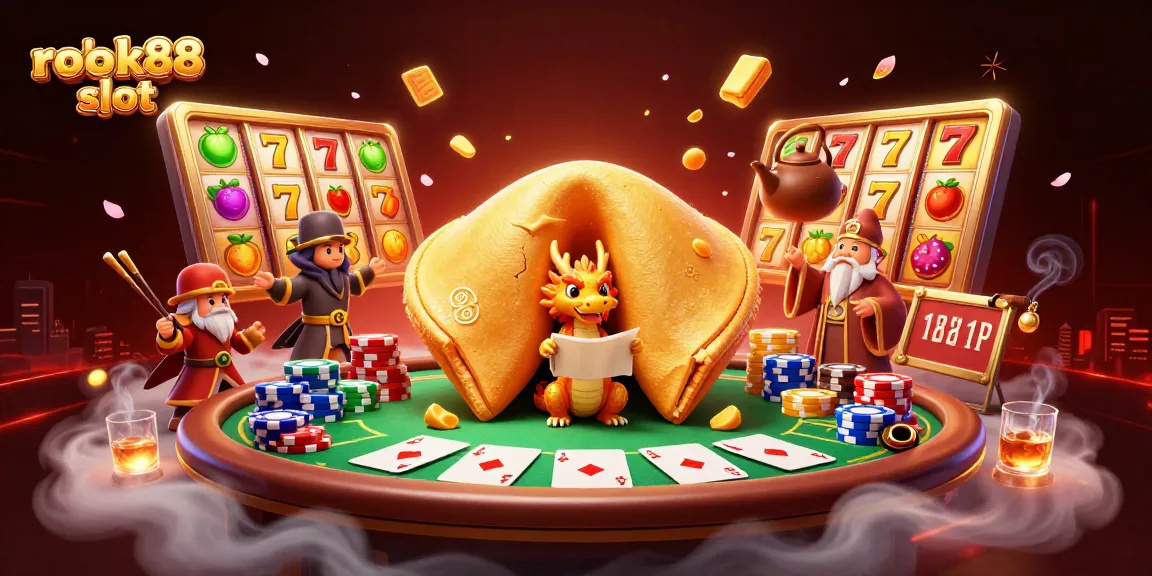 Experience the thrill of rokok88 slot with a vibrant 3D illustration featuring a golden fortune cookie and dynamic game elements.