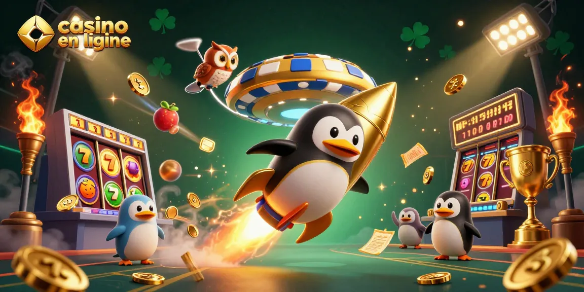 Jouer au casino en ligne avec un pingouin doré et des machines à sous flamboyantes.