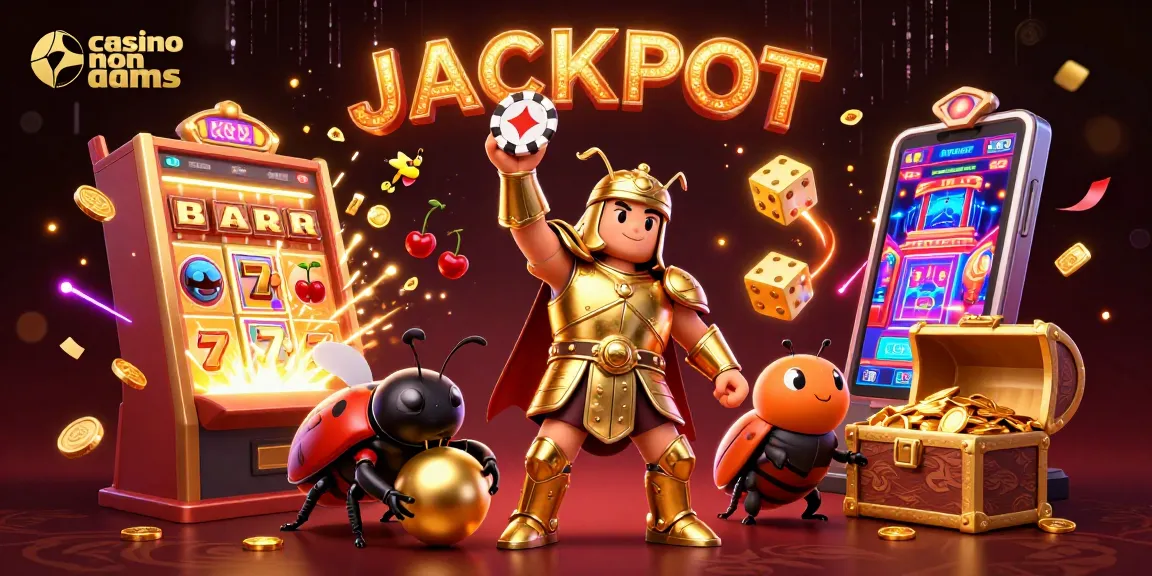 Gioca nei casinò non AAMS con l'illustrazione di un coleottero ercole in armatura dorata, simboli e giochi scintillanti.