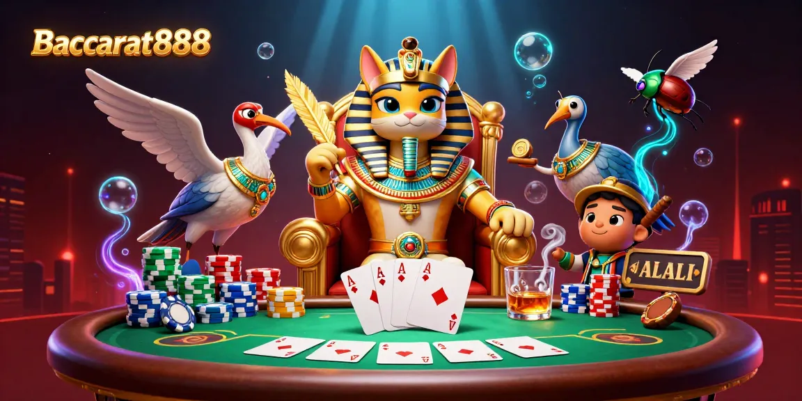 Baccarat888 showcases a vibrant casino scene featuring unique characters engaging at the poker table, highlighting exciting gameplay.