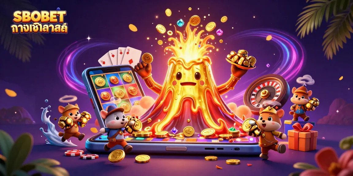 SBOBET ทางเข้าล่าสุด shows a vibrant golden volcano erupting coins, capturing the excitement of casino gaming.