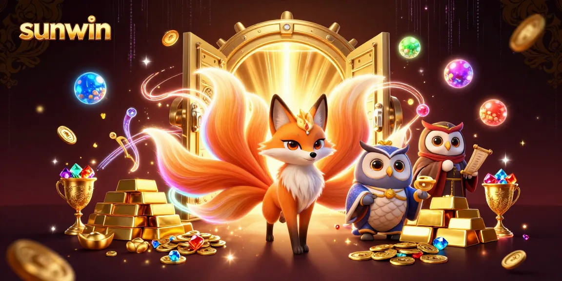 Experience thrilling gameplay with sunwin's vibrant 3D graphic featuring a lucky nine-tailed fox and treasures spilling out.