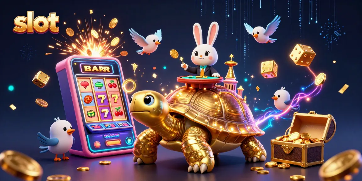 Spin the slot with a golden tortoise casino and glowing slot machine bursting with coins.