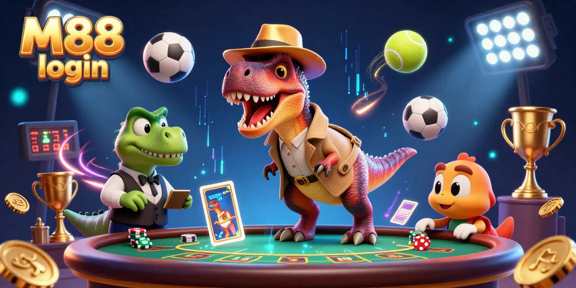 Experience the excitement of M88 login with a thrilling casino scene featuring animated characters and dynamic elements.