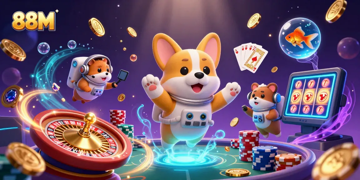 Experience thrilling gameplay in 88M's vibrant space casino with floating characters and casino elements.