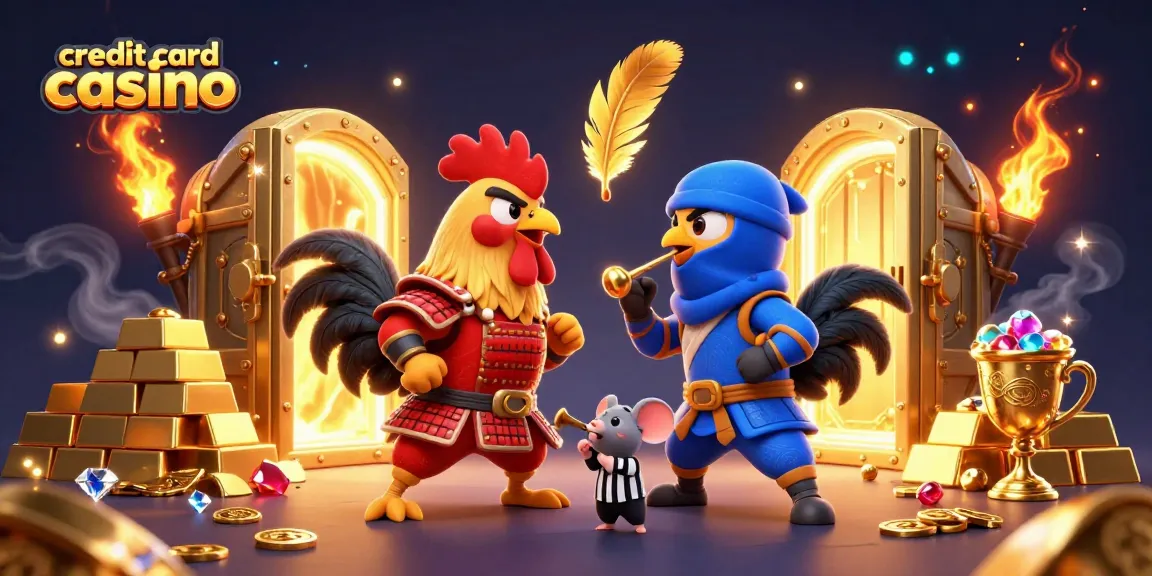 Engage in thrilling gameplay at credit card casino with dynamic 3D fighting roosters and gold treasures.