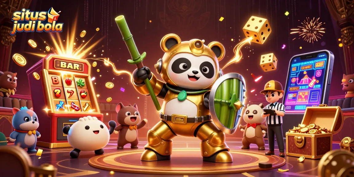 Engage in situs judi bola with a vibrant 3D scene of a golden panda in combat, showcasing slot machines and dynamic action.