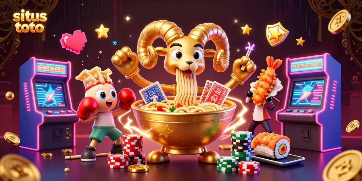 Engaging scene showcasing situs toto with a vibrant 3D cartoon golden ramen bowl dealer and energetic game elements.