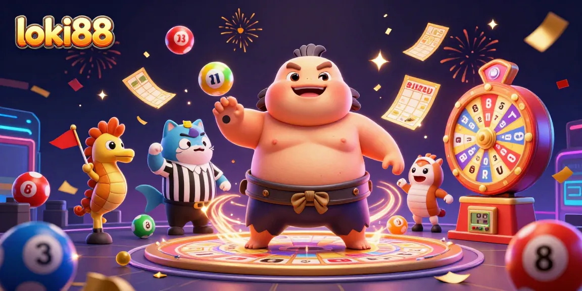 Join the fun at loki88 with a vibrant lottery scene featuring a sumo fugu and lively spectators.