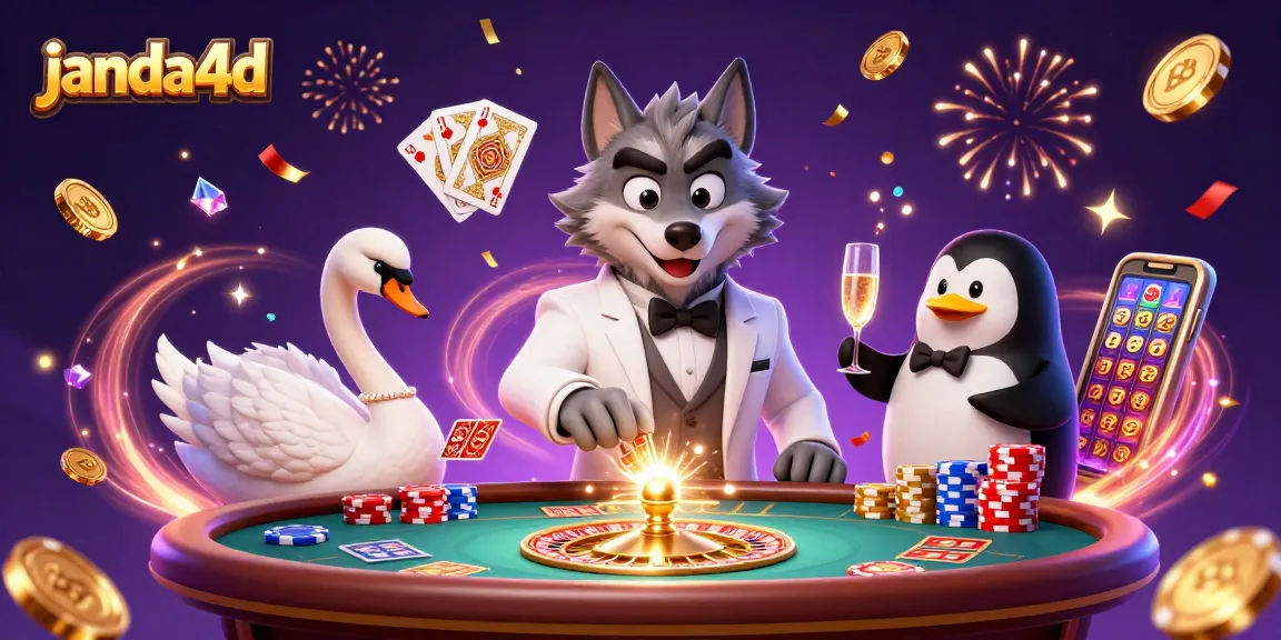 Slot gacor di janda4d menunjukkan permainan seru dengan serigala, angsa, dan penguin saat beraksi.